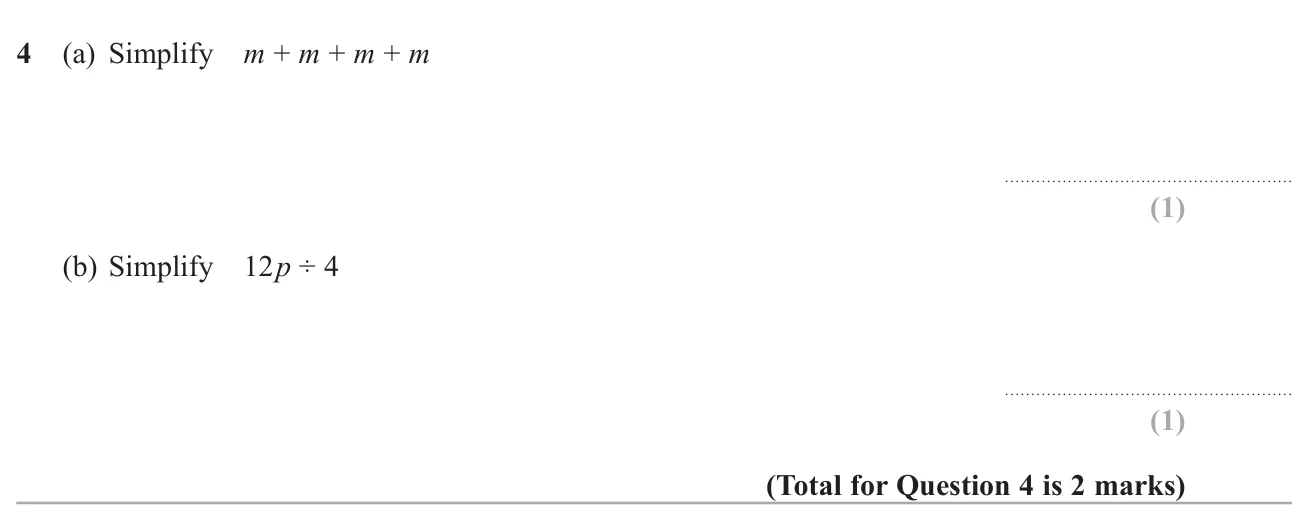 Simplify a repeated sum of a letter and divide an algebraic term by a number.