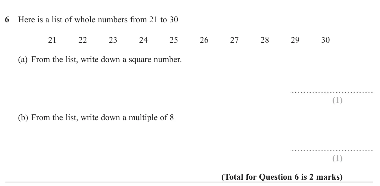 Pick a square number and a multiple of 8 from the whole numbers 21 to 30.