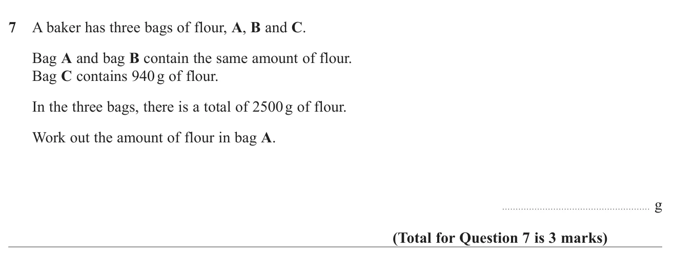 Find the mass in one of two equal bags when the third bag and the total are known.
