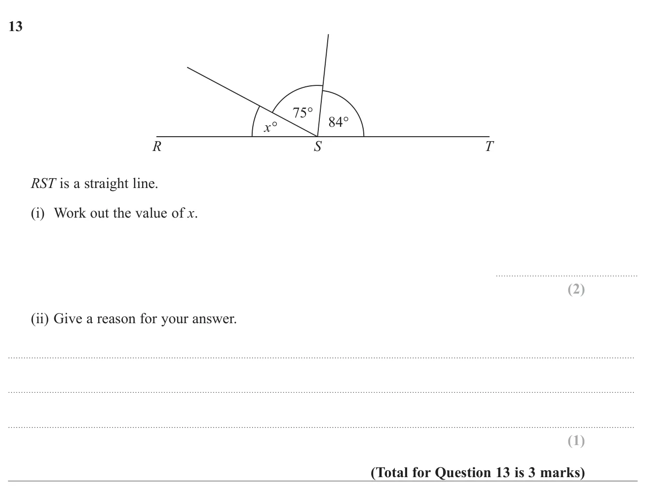 Find a missing angle on a straight line and state the angle fact used.