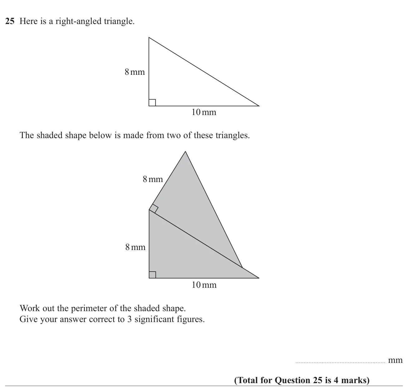 Use Pythagoras to find a hypotenuse, then the perimeter of a shape made from two right-angled triangles.