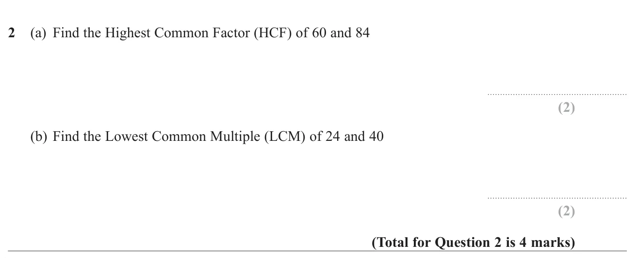 Find the highest common factor of two numbers and the lowest common multiple of two others.
