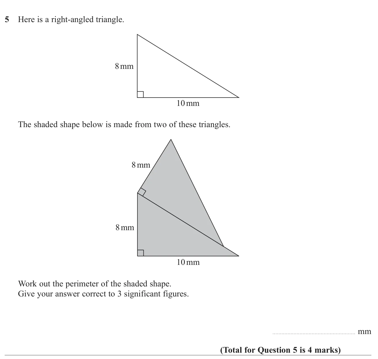 Use Pythagoras to find a hypotenuse, then the perimeter of a shape made from two right-angled triangles.
