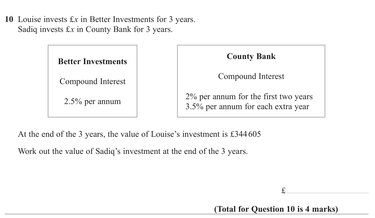 Work backwards from a compound interest total to find the amount invested, then apply different interest rates to it.