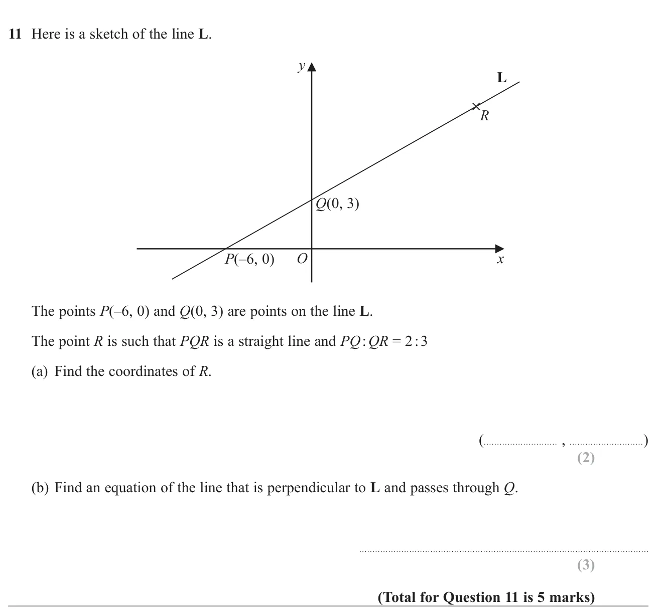 Extend a line segment in a given ratio to find a point, then find the equation of a perpendicular line.