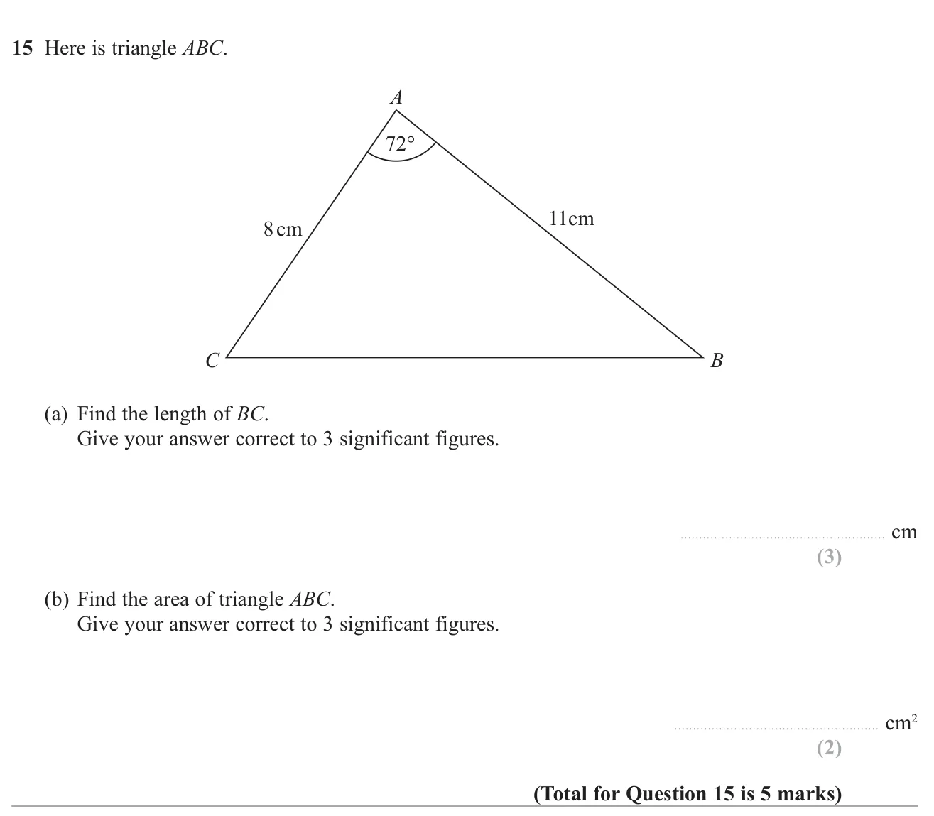 Use the cosine rule to find a side of a triangle, then find its area using ½ab sin C.