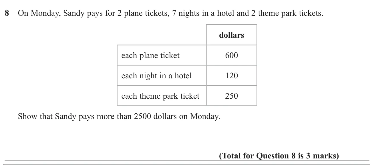 Show that the total of several ticket and hotel costs is more than a given amount.