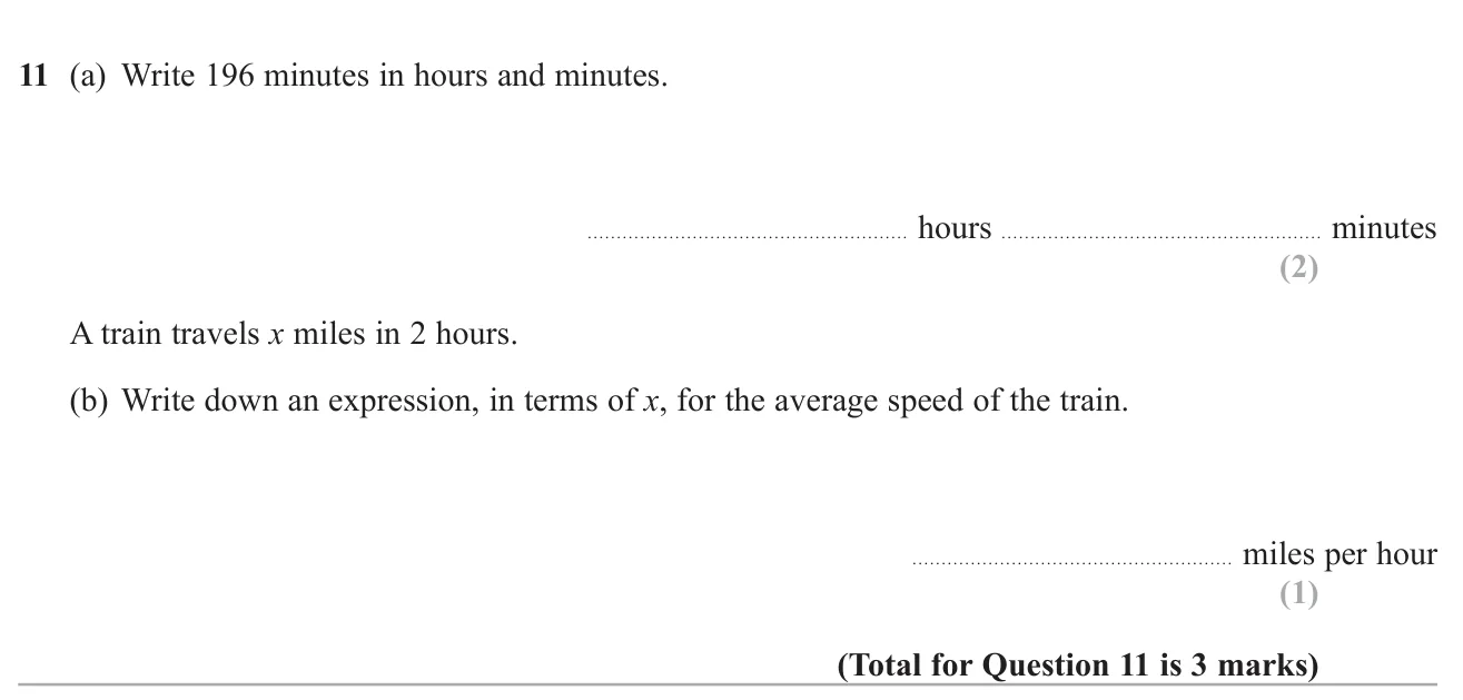 Convert minutes into hours and minutes, then write an expression for average speed.