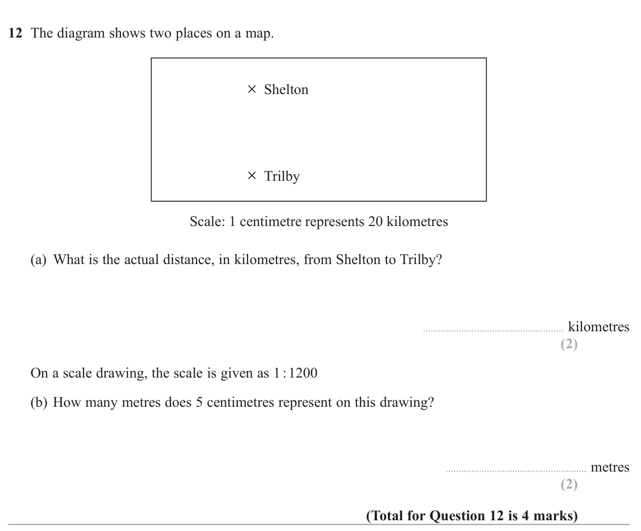 Measure a map distance and use a scale to find the real distance, then use a ratio scale to convert a drawing length to metres.