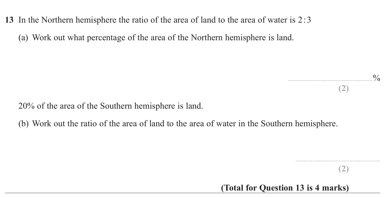 Turn a land-to-water ratio into a percentage, then turn a percentage into a land-to-water ratio.