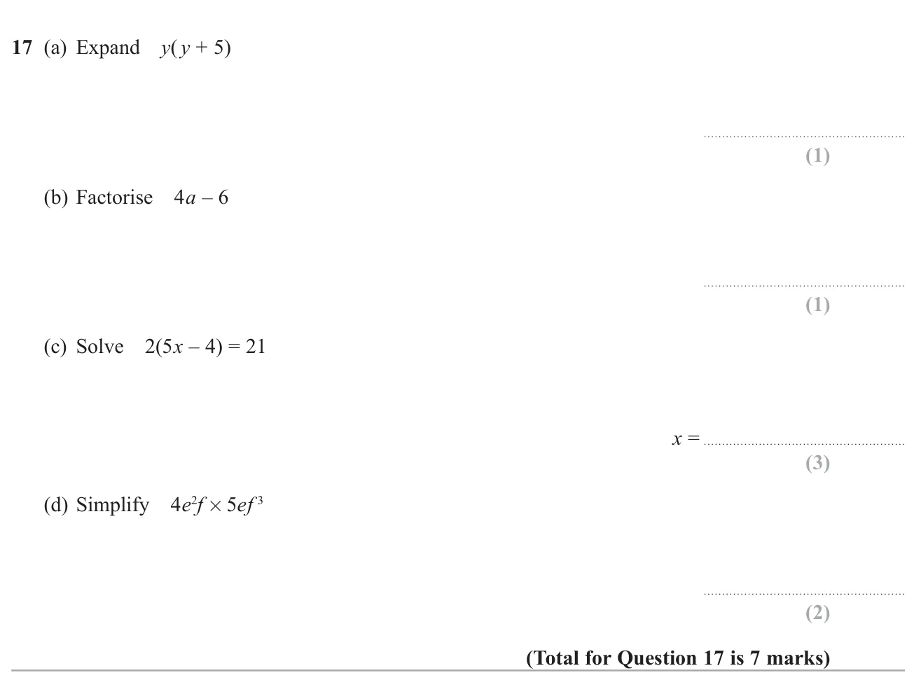 Expand a bracket, factorise an expression, solve a linear equation with a bracket, and simplify a product using index laws.