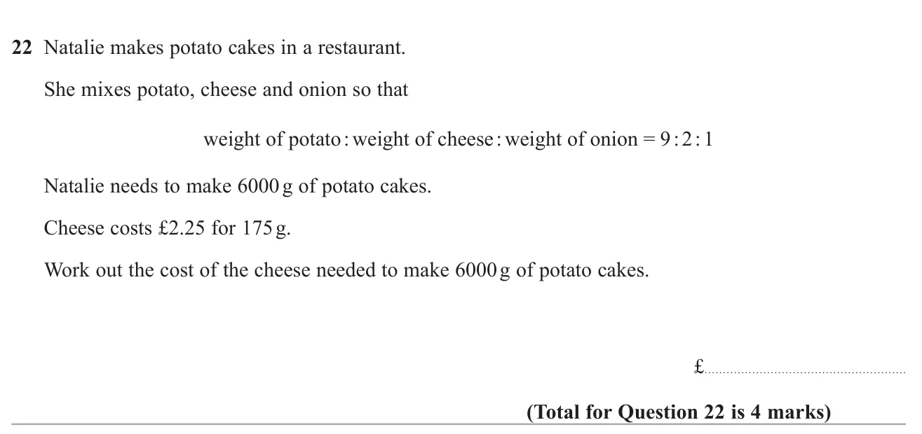 Work out the cost of cheese needed for a recipe split in a three-part ratio, given a price per pack weight.