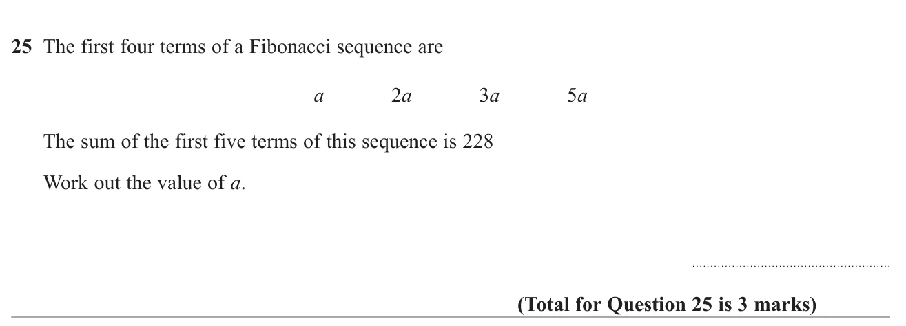 Find the fifth term of an algebraic Fibonacci-type sequence and use the total of five terms to find the unknown.