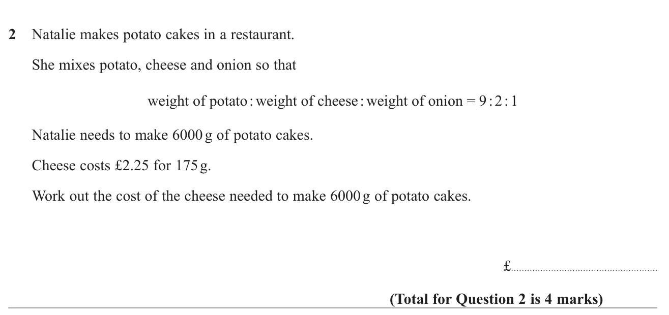 Work out the cost of cheese needed for a recipe split in a three-part ratio, given a price per pack weight.