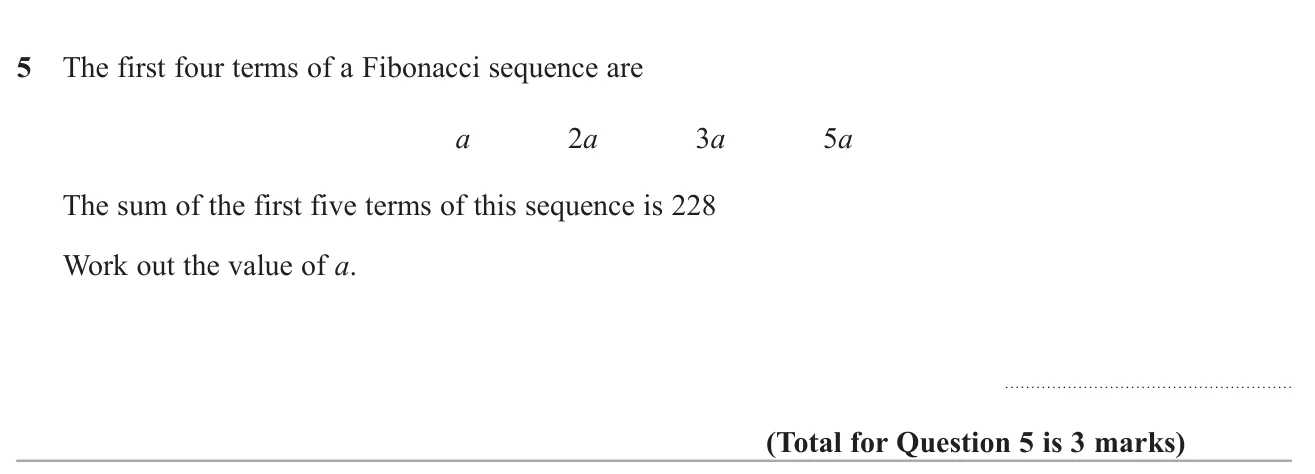 Find the fifth term of an algebraic Fibonacci-type sequence and use the total of five terms to find the unknown.