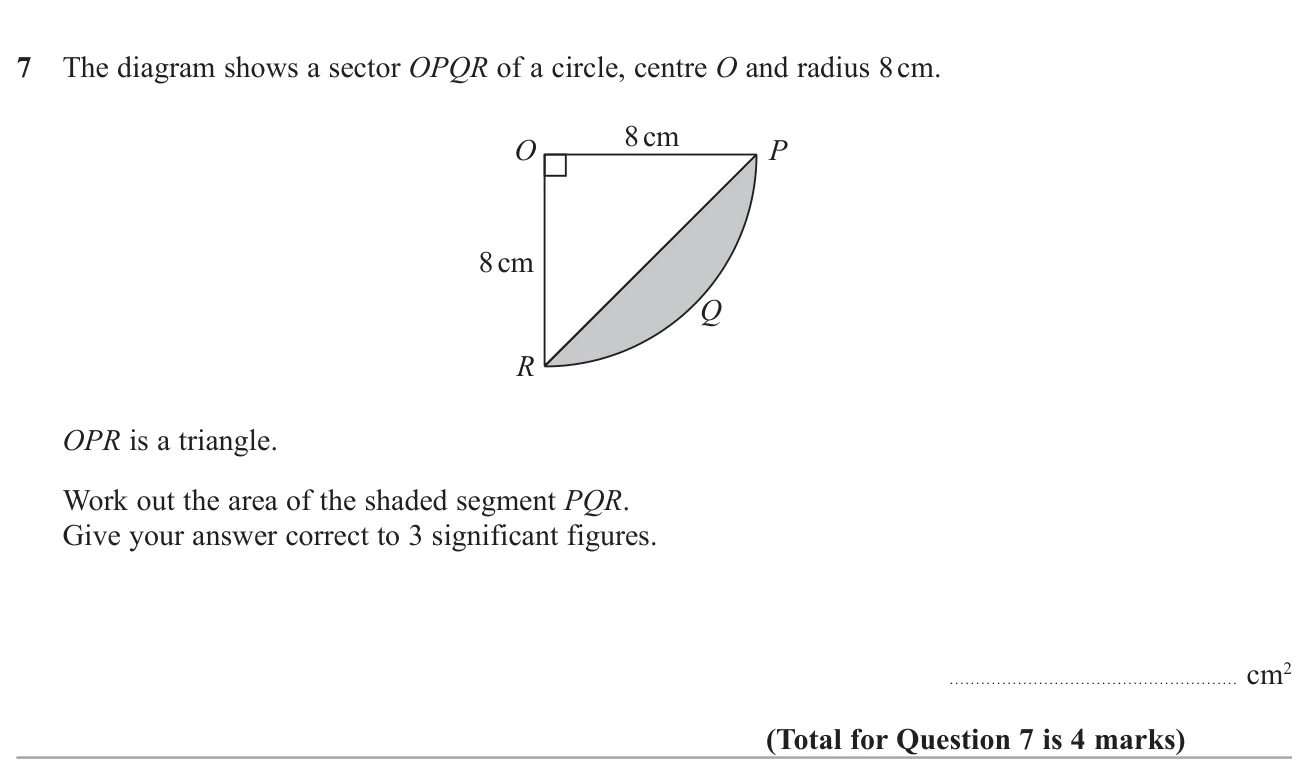 Find the area of a segment cut off a quarter circle by a chord.