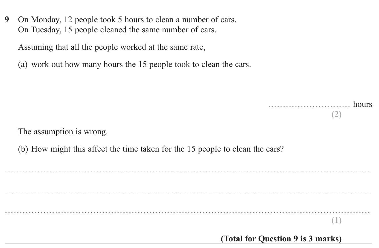 Use inverse proportion to find how long more workers take for the same job, then say how a wrong assumption about equal work rates might change this.
