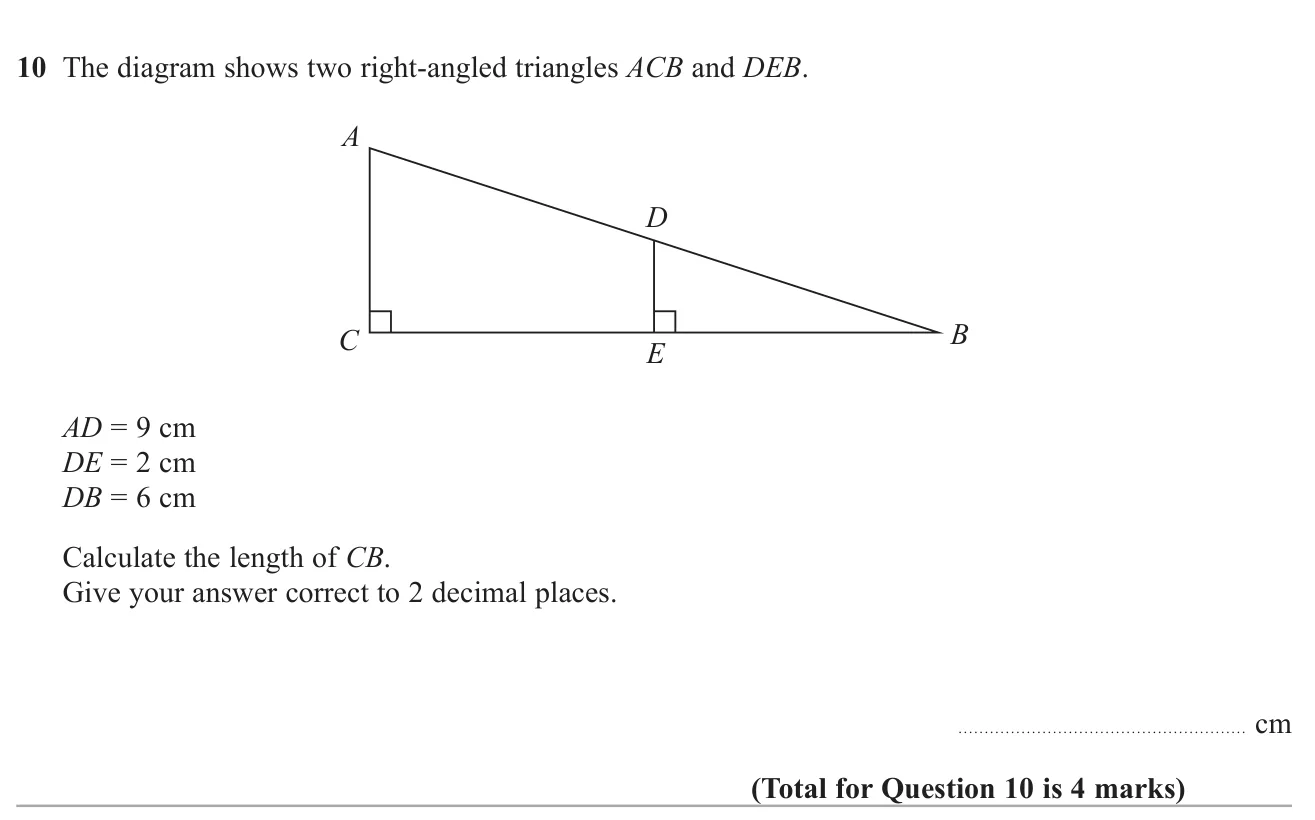 Use similar right-angled triangles and Pythagoras to find a side length to 2 decimal places.