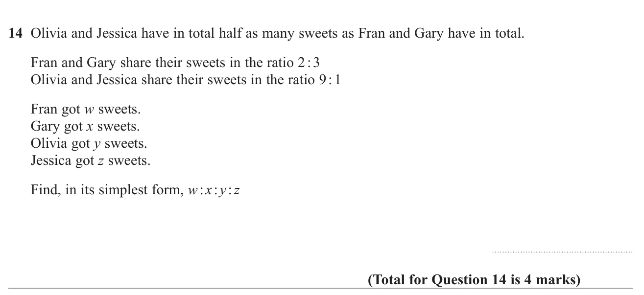 Combine two ratios linked by the fact that one pair has half as many sweets as the other, and write the four-part ratio in simplest form.