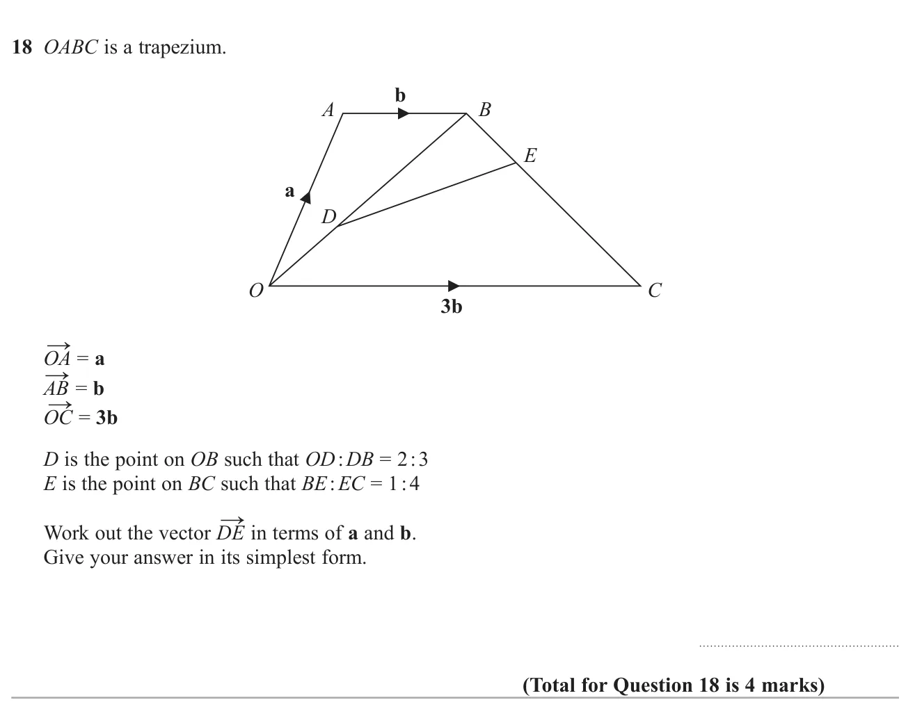 Use ratios along two lines in a trapezium to find a vector between two points in terms of a and b.