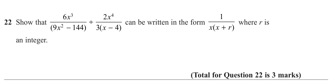 Divide two algebraic fractions and simplify, using the difference of two squares, to reach the form 1/(x(x + r)).