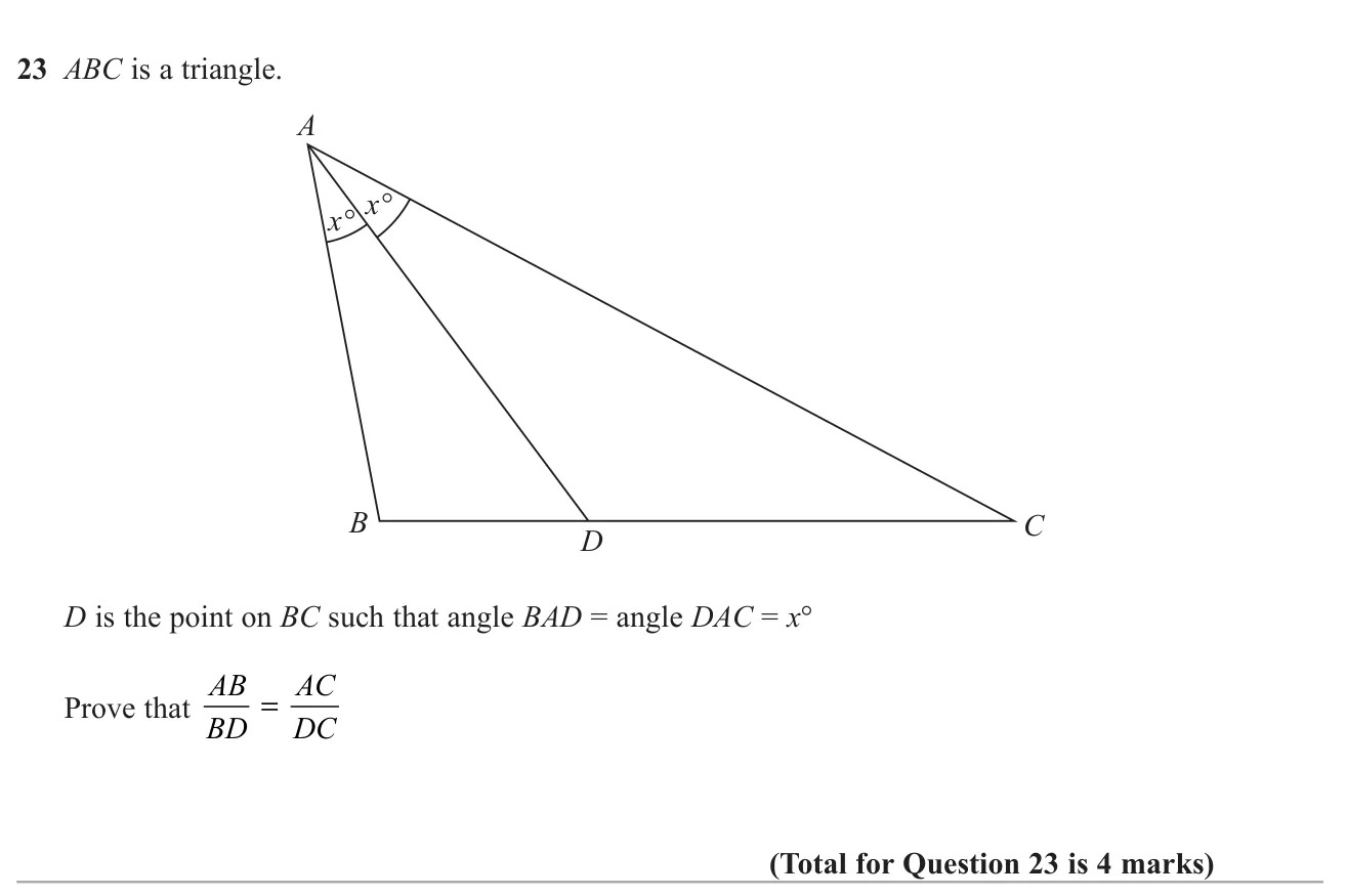 Prove that an angle bisector in a triangle splits the opposite side in the same ratio as the two adjacent sides.