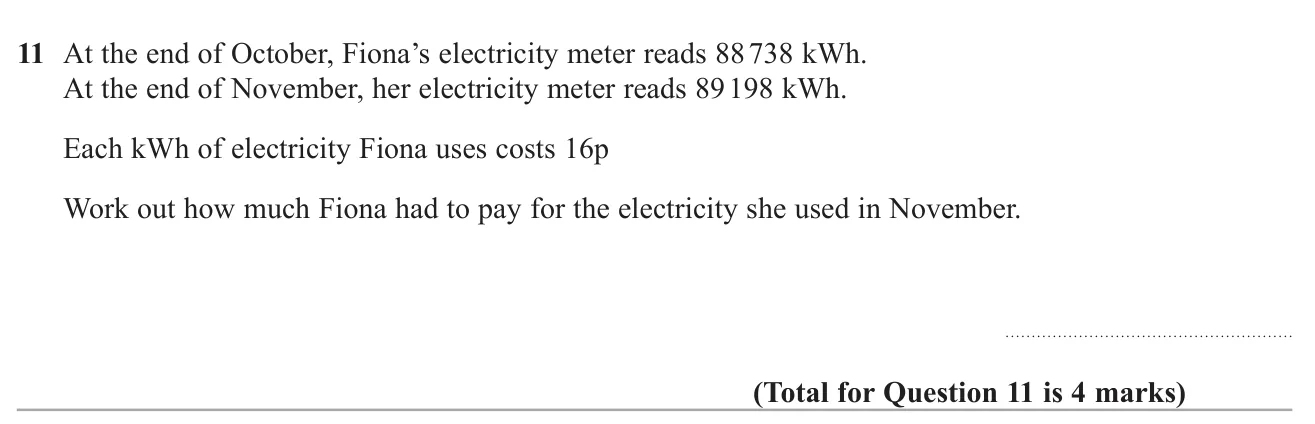 Use two meter readings and a unit price in pence to work out an electricity bill without a calculator.