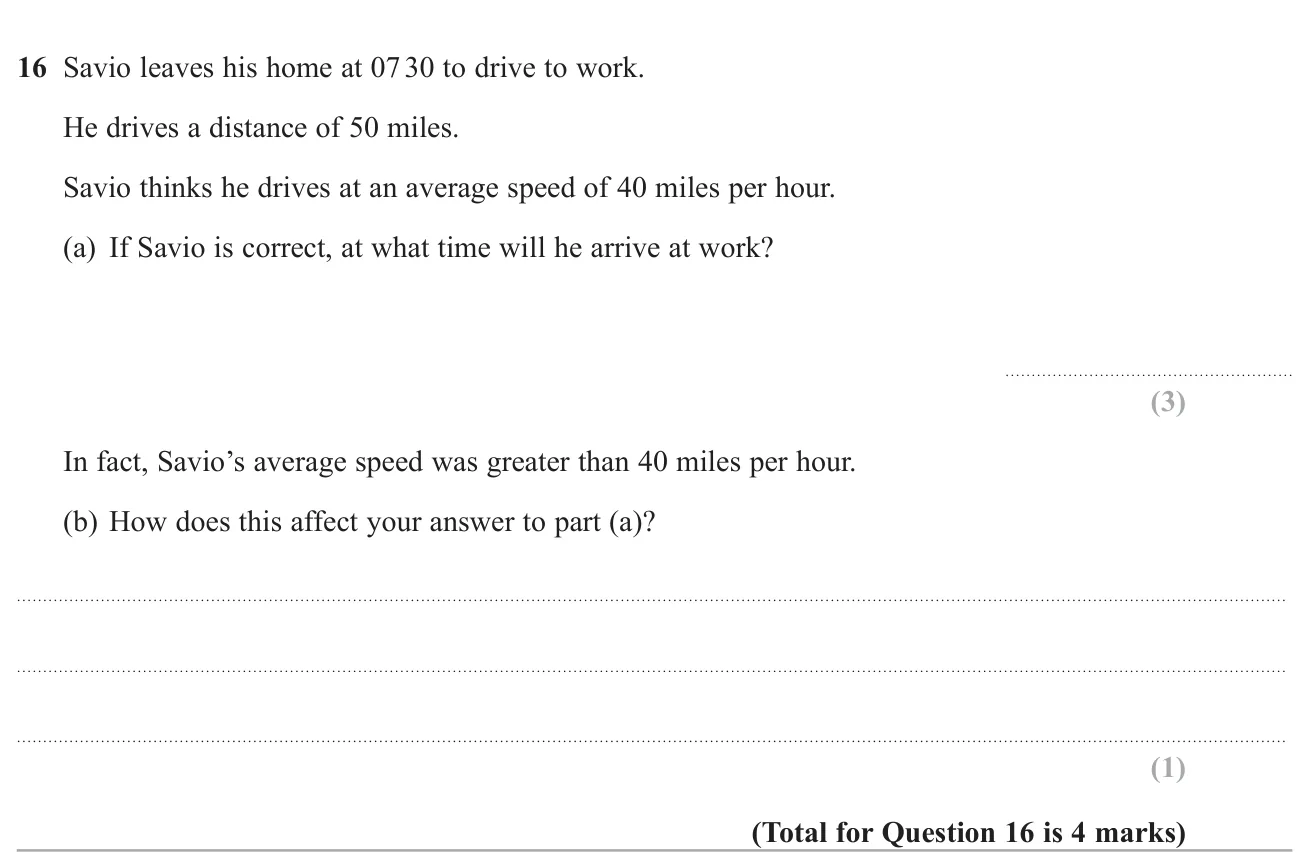 Use distance and average speed to find an arrival time, then say how a faster speed changes it.