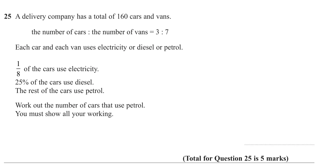 Share a total in a ratio, then take a fraction and a percentage away to find the remaining group.