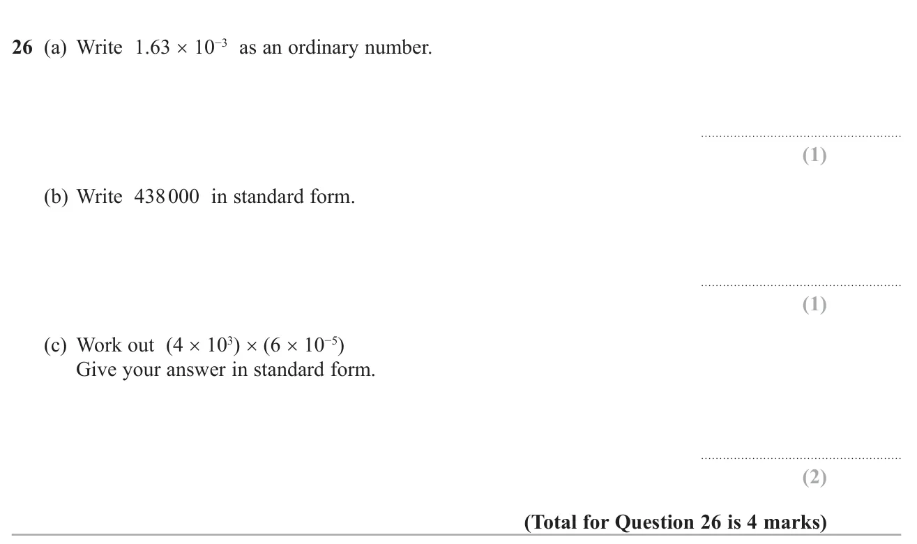 Convert between standard form and ordinary numbers and multiply two numbers in standard form.