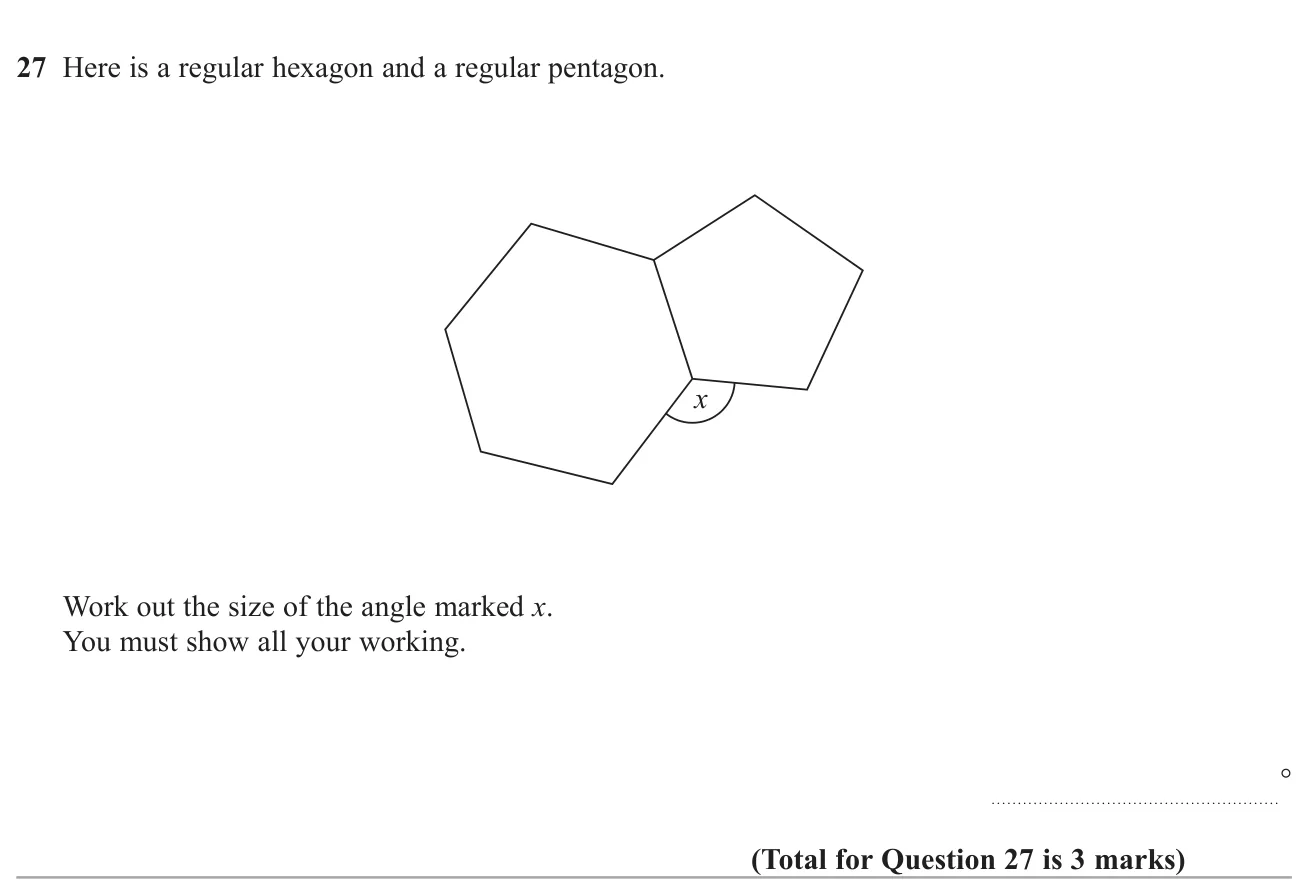 Find the angle between a regular hexagon and a regular pentagon that share a side.