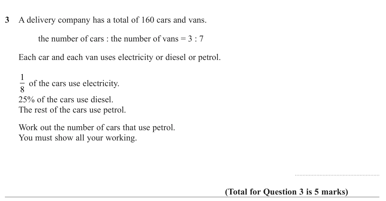 Share a total in a ratio, then take a fraction and a percentage away to find the remaining group.