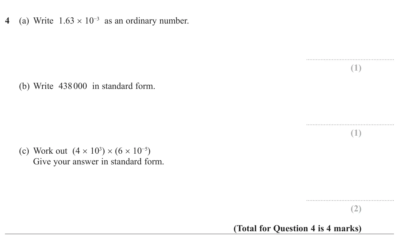 Convert between standard form and ordinary numbers and multiply two numbers in standard form.