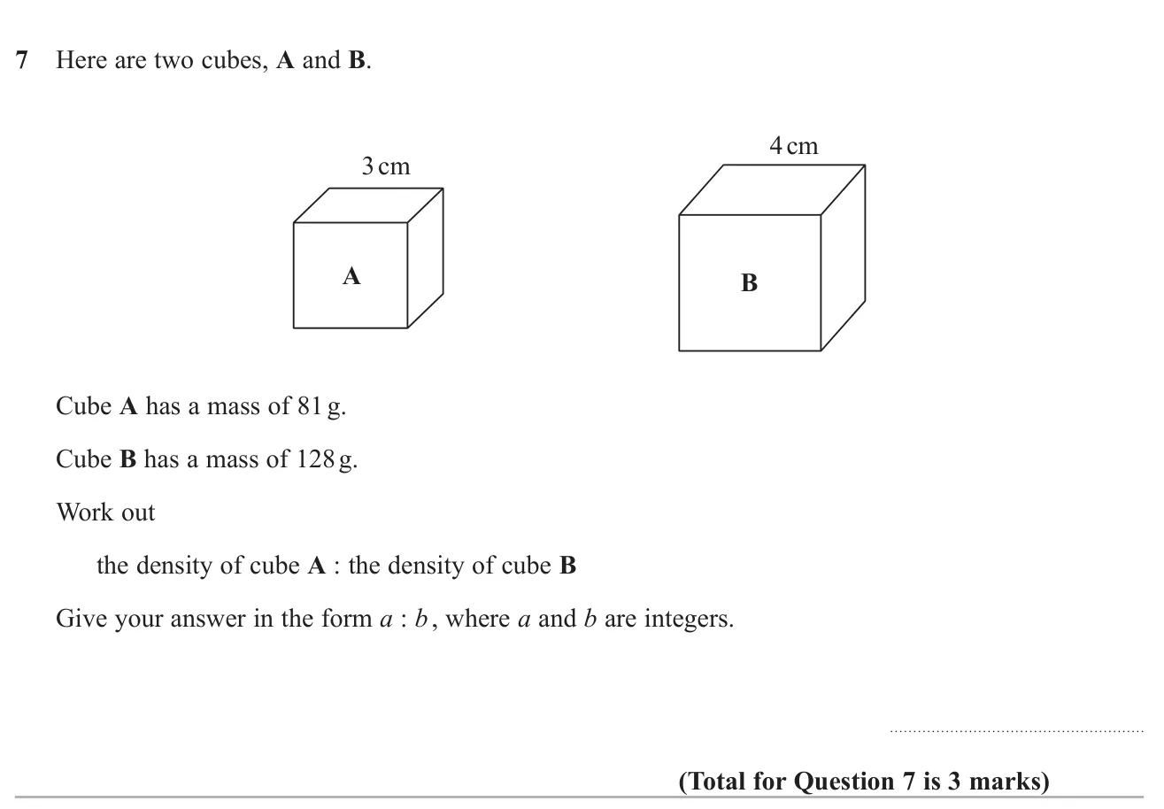 Find the densities of two cubes from their side lengths and masses and write them as a simplified ratio.