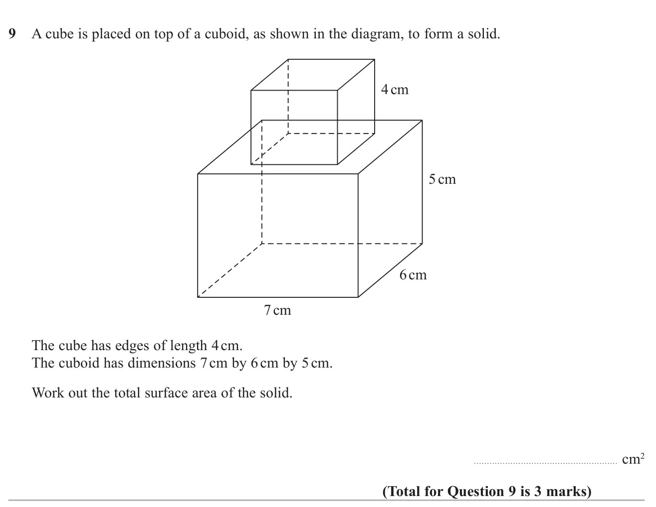 Find the total surface area of a solid made by standing a cube on a cuboid.