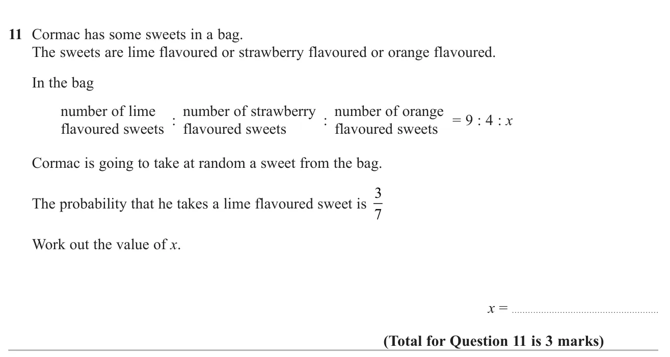 Use a three-part ratio and the probability of picking one flavour to find the missing ratio term.