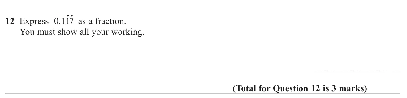 Convert a recurring decimal with a two-digit repeating block into a fraction, showing the algebra.