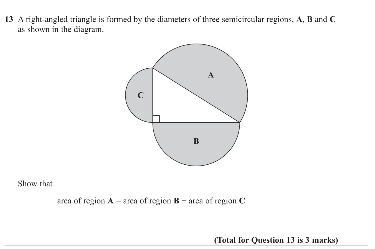 Prove that the semicircle on the hypotenuse of a right-angled triangle has the same area as the other two semicircles combined.