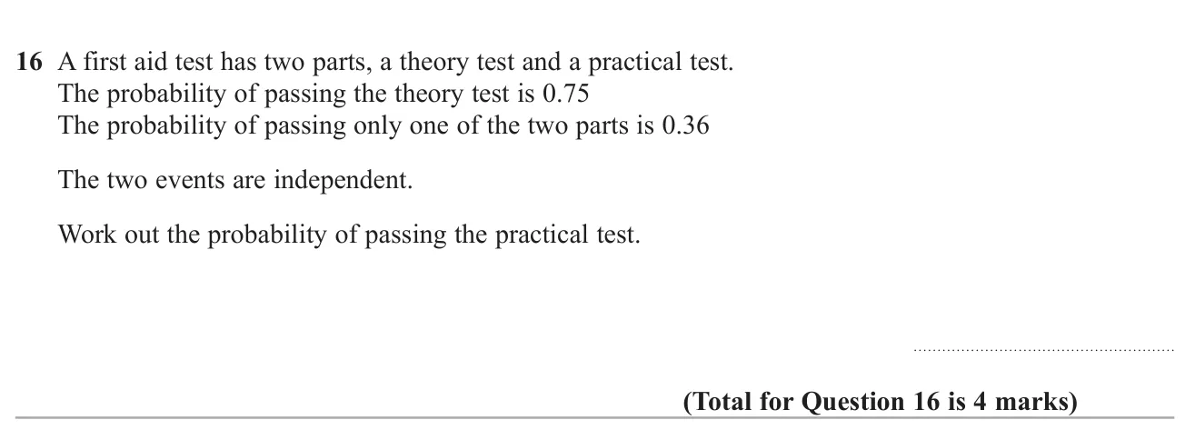 Given the chance of passing one test and the chance of passing exactly one of two independent tests, find the chance of passing the other.