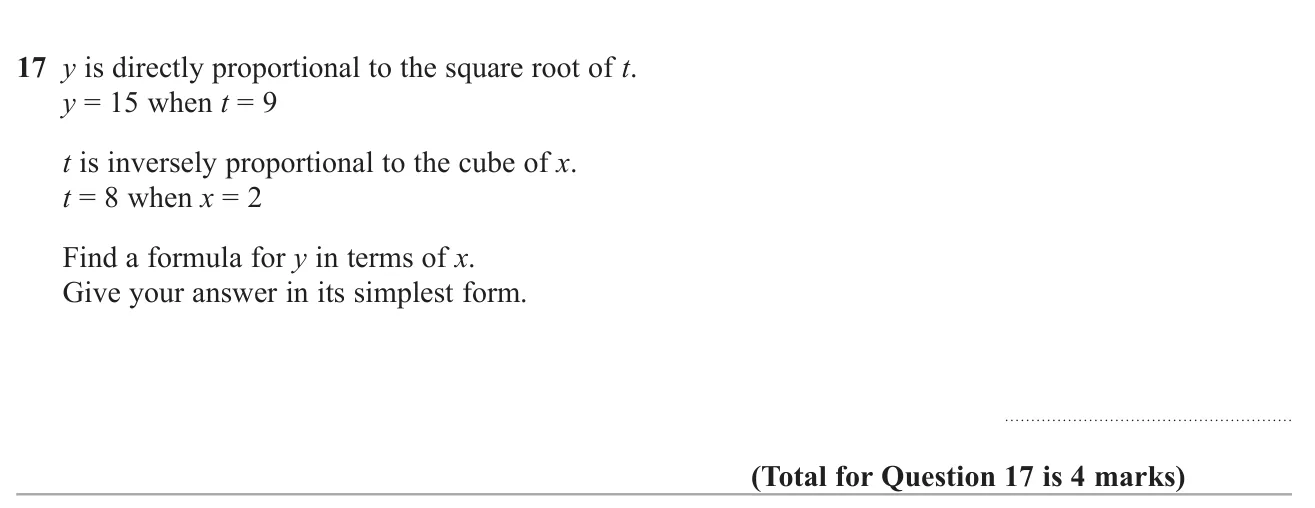 Combine a direct proportion with a square root and an inverse proportion with a cube to write y in terms of x.