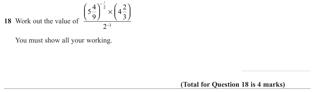 Evaluate an expression with a negative fractional power of a mixed number, a mixed-number product and a negative power of 2.