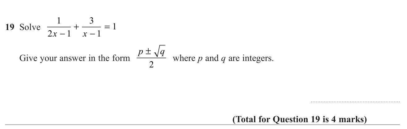 Solve an equation with two algebraic fractions, leading to a quadratic solved in surd form.