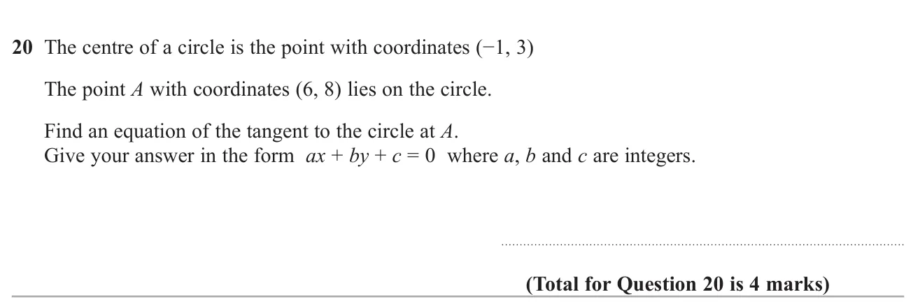 Find the equation of the tangent to a circle at a given point, using the centre and perpendicular gradients.