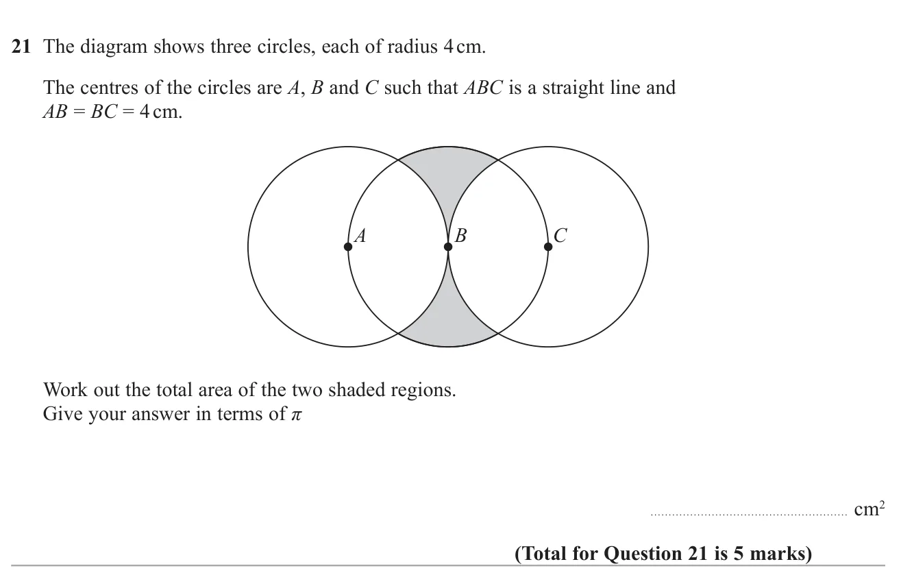 Find the exact area of the two shaded regions formed inside the middle of three overlapping equal circles.