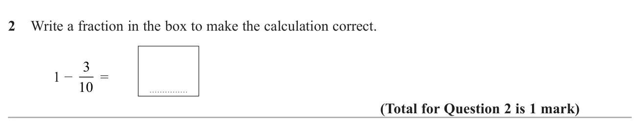 Find the fraction that makes one minus three tenths correct.
