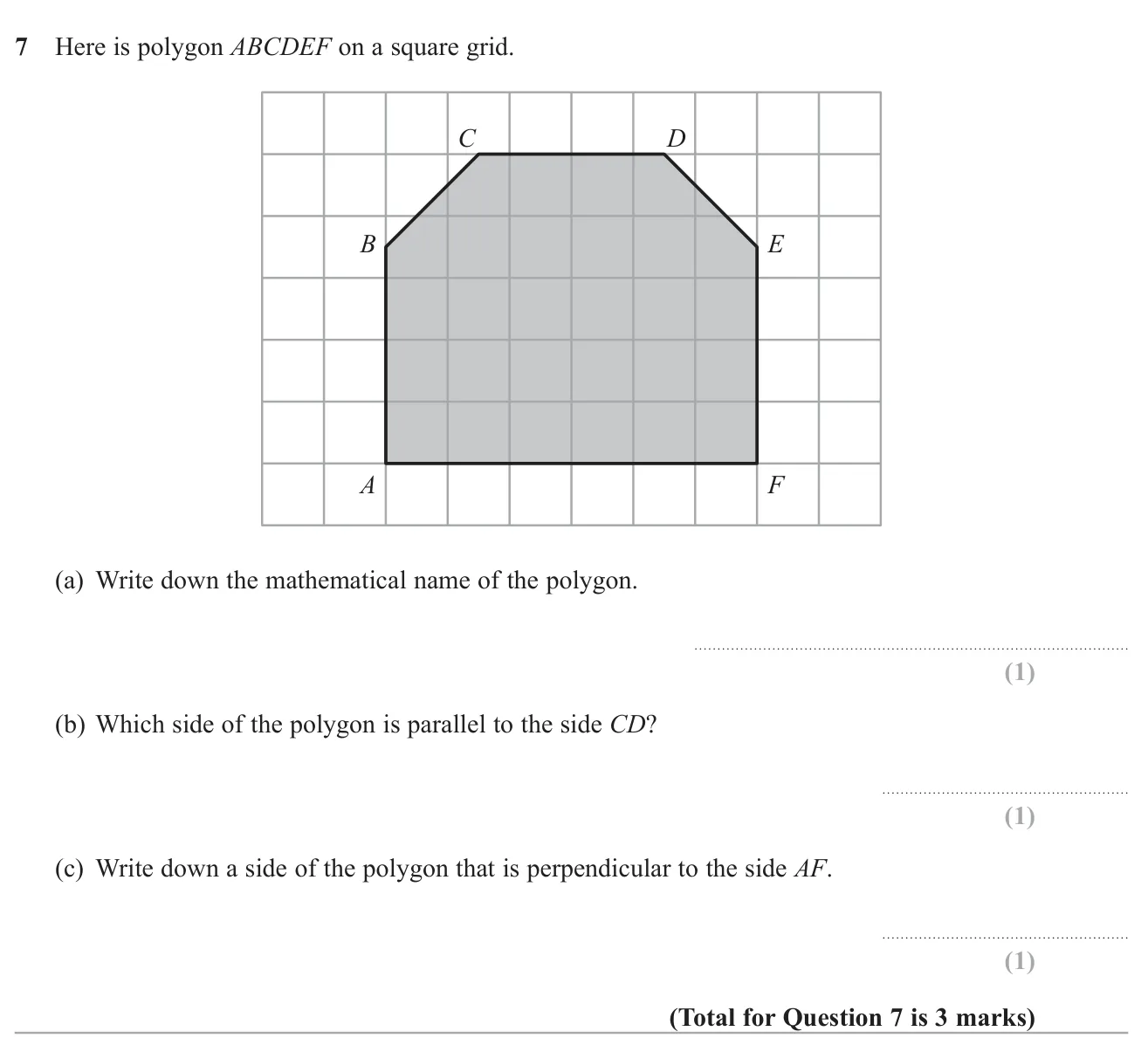 Name a six-sided polygon drawn on a grid and identify parallel and perpendicular sides.