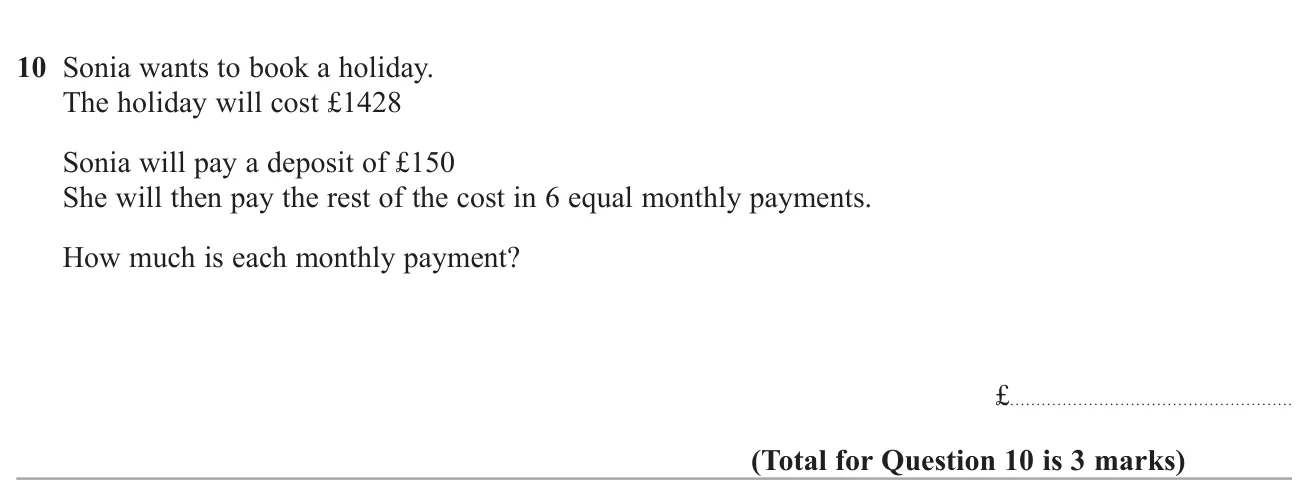 Work out equal monthly payments after a deposit is paid on a holiday.