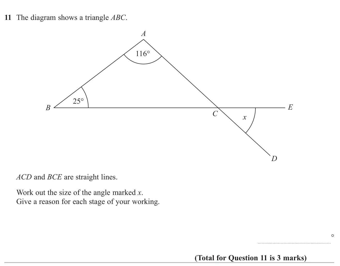 Find an angle at a point where a triangle's side is extended, giving geometric reasons.