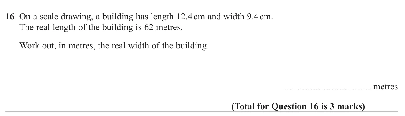 Use a scale drawing to find the real width of a building from its real length.