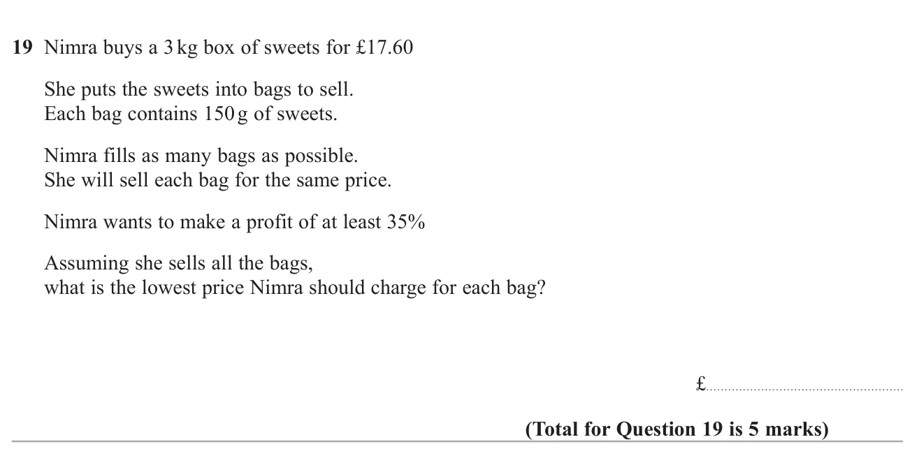 Find the lowest price per bag of sweets that gives at least a 35% profit on the box.